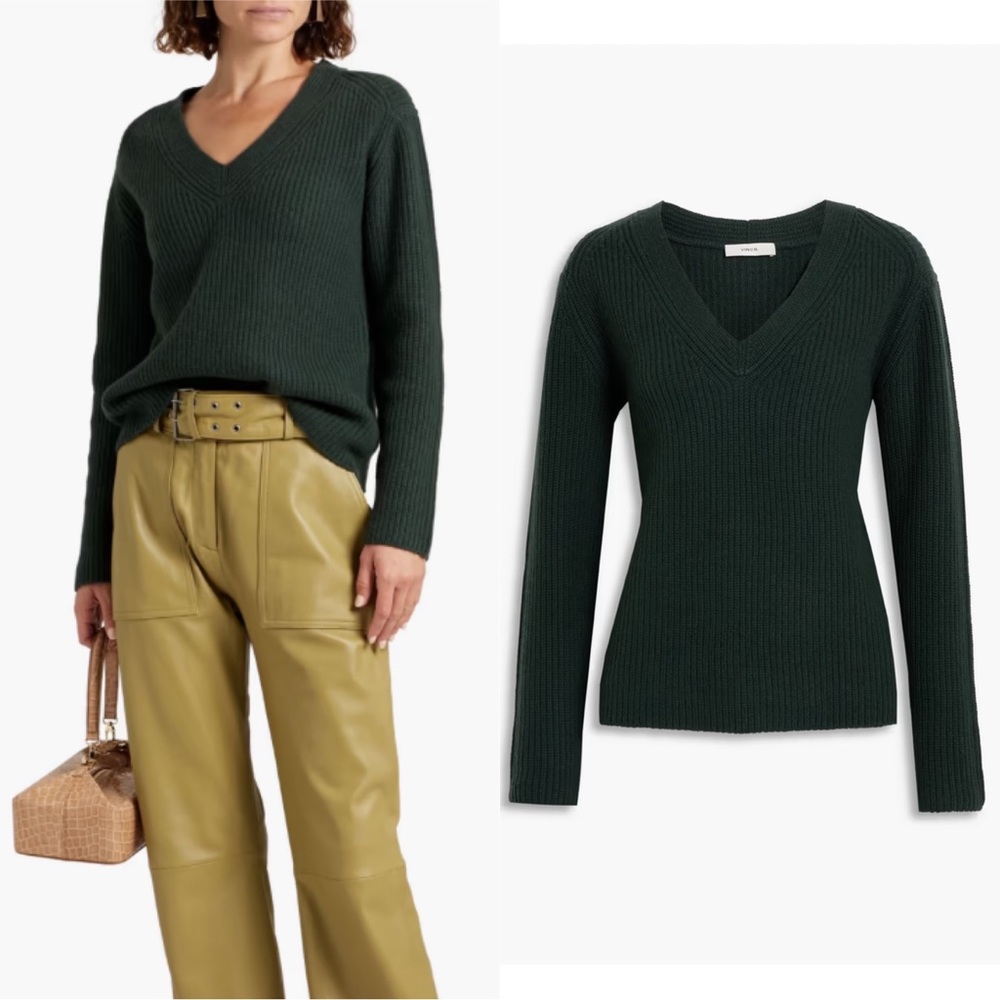 Vince Ribbed V-Neck Wool Cashmere Sweater Emerald Green NWT XL